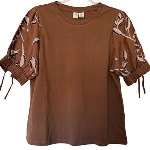 JOIE Brown Embroidered Puff Sleeve Tie Cuff T-Shirt Size M